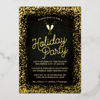 Chic Gold Champagne Glasses Holiday Party Folieneinladung