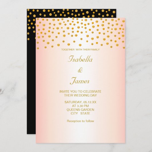Chic Gold Confetti auf Black & Rose Gold Einladung (Vorne/Hinten)