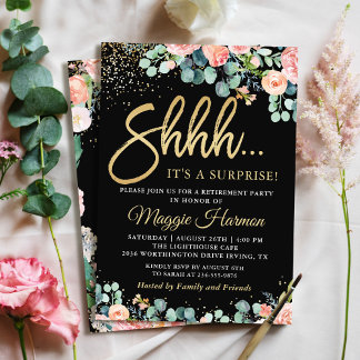 Chic Gold Coral Floral Surprise Retirement Party Einladung