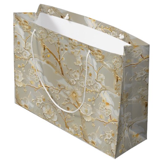 Chic gold cream floral große geschenktüte (Rückseite Schrägansicht)