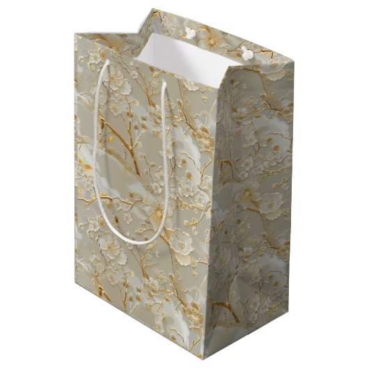 Chic gold cream floral mittlere geschenktüte (Rückseite Schrägansicht)