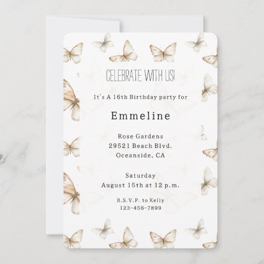 Chic Gold Cream White Butterflies Birthday Einladung (Vorderseite)