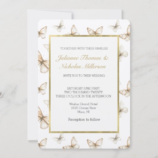 Chic Gold Cream White Butterflies Wedding Einladung (Vorderseite)