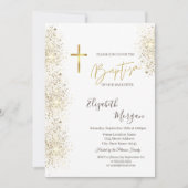 Chic Gold Cross Taufe Gold Glitzer Confetti Einladung (Vorderseite)