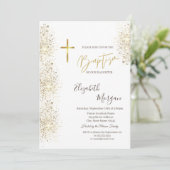 Chic Gold Cross Taufe Gold Glitzer Confetti Einladung (Stehend Vorderseite)
