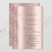 Chic Gold Cross Taufe Rose Gold Glitzer Staub Einladung (Vorne/Hinten)