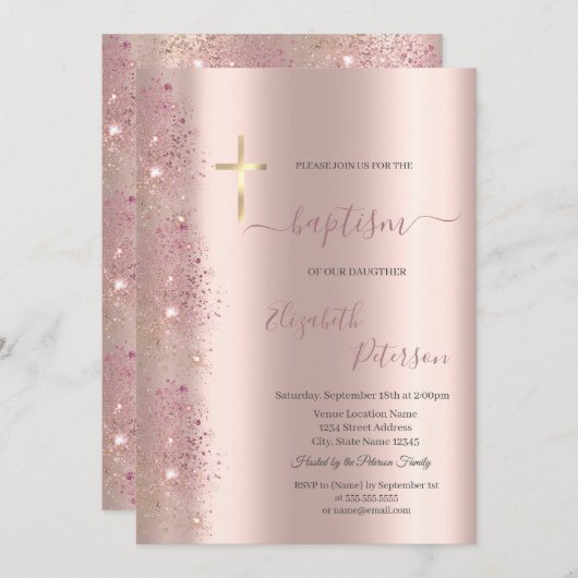 Chic Gold Cross Taufe Rose Gold Glitzer Staub Einladung (Vorne/Hinten)