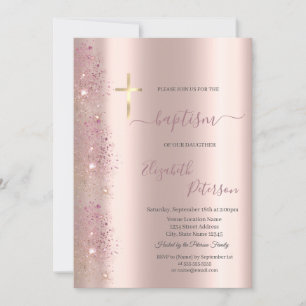 Chic Gold Cross Taufe Rose Gold Glitzer Staub Einladung