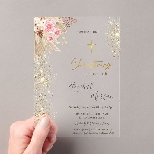 Chic Gold Cross Taufen Gold Glitzer Boho Blume Acryleinladungen (Insitu (Handheld))