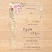 Chic Gold Cross Taufen Gold Glitzer Boho Blume Acryleinladungen (Vorderseite)