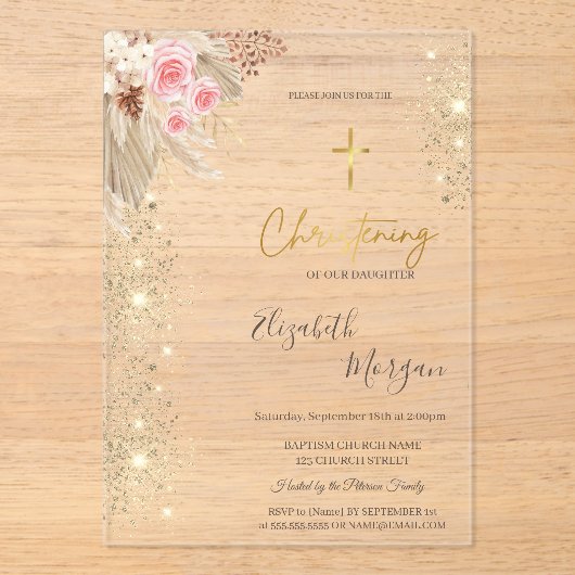 Chic Gold Cross Taufen Gold Glitzer Boho Blume Acryleinladungen (Vorderseite)