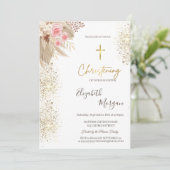 Chic Gold Cross Taufen Gold Glitzer Boho Blume Einladung (Stehend Vorderseite)