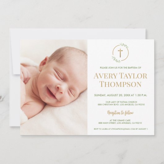Chic Gold Cross Wasserfarbe Custom Foto Taufe Einladung (Vorderseite)