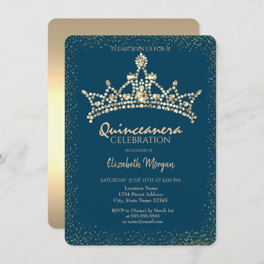 Chic Gold Diamonds Crown Blue Quinceañera Einladung (Vorne/Hinten)