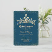 Chic Gold Diamonds Crown Blue Quinceañera Einladung (Stehend Vorderseite)