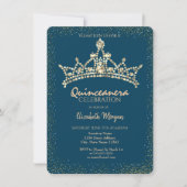 Chic Gold Diamonds Crown Blue Quinceañera Einladung (Vorderseite)