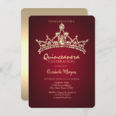 Chic Gold Diamonds Crown Burgundy Quinceañera Einladung (Vorne/Hinten)