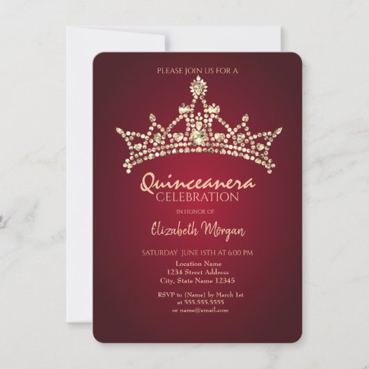 Chic Gold Diamonds Crown Burgundy Quinceañera Einladung (Vorderseite)