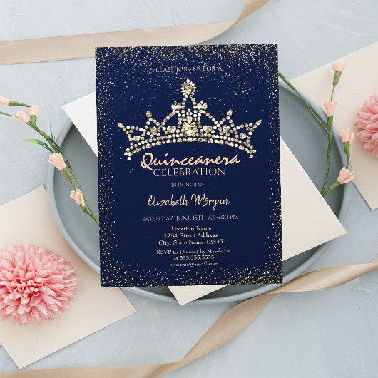 Chic Gold Diamonds Crown Navy Blue Quinceañera Einladung