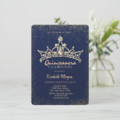 Chic Gold Diamonds Crown Navy Blue Quinceañera Einladung (Stehend Vorderseite)