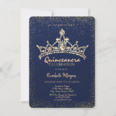 Chic Gold Diamonds Crown Navy Blue Quinceañera Einladung (Vorderseite)