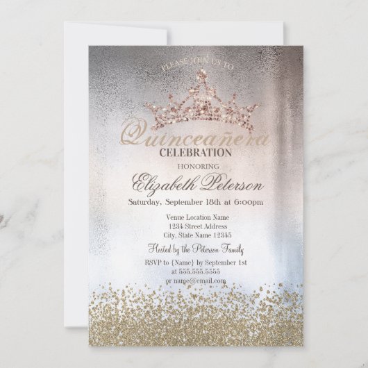 Chic Gold Diamonds, Tiara Metallic Quinceañera Einladung (Vorderseite)