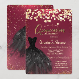 Chic Gold Dots, Black Dress Burgundy Quinceañera Einladung