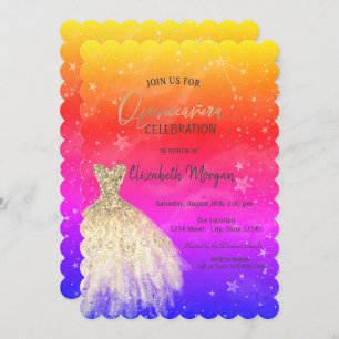 Chic Gold Dress Stars Galaxy Colorful Quinceañera Einladung