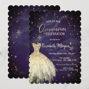 Chic Gold Dress Stars Galaxy Quinceañera Einladung