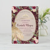 Chic Gold Dress Tiara, Burgund Rose Quinceañera Einladung (Stehend Vorderseite)