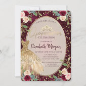 Chic Gold Dress Tiara, Burgund Rose Quinceañera Einladung (Vorderseite)