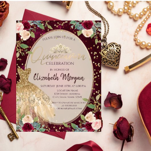 Chic Gold Dress Tiara, Burgund Rose Quinceañera Einladung