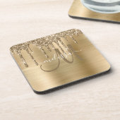 Chic Gold Dripping Glitzer Brushed Metal Monogram Getränkeuntersetzer (Linke Seite)