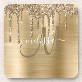 Chic Gold Dripping Glitzer Brushed Metal Monogram Getränkeuntersetzer