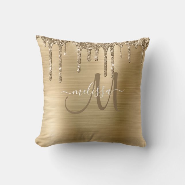 Chic Gold Dripping Glitzer Brushed Metal Monogram Kissen (Vorderseite)