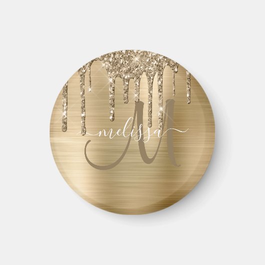 Chic Gold Dripping Glitzer Brushed Metal Monogram Magnet (Vorne)