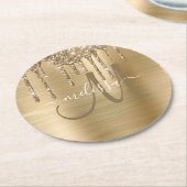 Chic Gold Dripping Glitzer Brushed Metal Monogram Runder Pappuntersetzer (Angewinkelt)