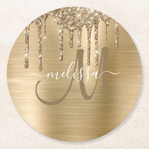 Chic Gold Dripping Glitzer Brushed Metal Monogram Runder Pappuntersetzer