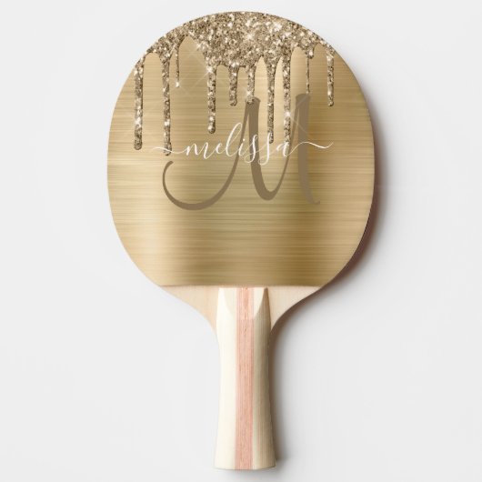 Chic Gold Dripping Glitzer Brushed Metal Monogram Tischtennis Schläger (Vorderseite)