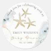 Chic Gold Dusky Blue Beachy Starfish Babydusche Runder Aufkleber (Vorderseite)