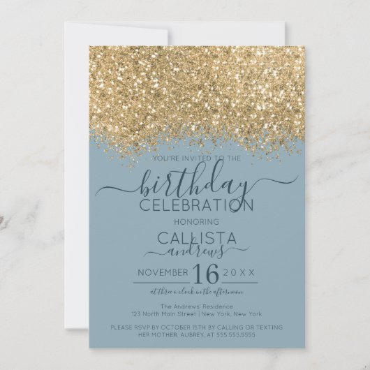 Chic Gold Dusty Blue Glitzer Confetti Birthday Einladung (Vorderseite)