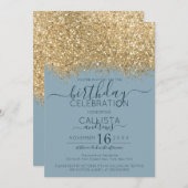 Chic Gold Dusty Blue Glitzer Confetti Birthday Einladung (Vorne/Hinten)