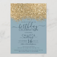 Chic Gold Dusty Blue Glitzer Confetti Birthday