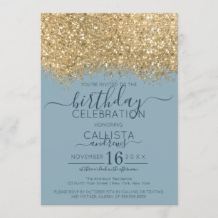 Chic Gold Dusty Blue Glitzer Confetti Birthday Einladung
