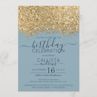 Chic Gold Dusty Blue Glitzer Confetti Birthday Einladung