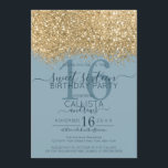 Chic Gold Dusty Blue Glitzer Confetti Sweet 16 Einladung<br><div class="desc">Das elegante, glamouröse und moderne 16 . Geburtstag Geburtstagsfest lädt zum zeitgenössischen und stilvollen Teenager ein. Es verfügt über ein Imitat gedruckt Gold funkelnd Glitzer Konfetti gesprenkelt Farbblock auf einem einfachen staubblauen Hintergrund mit einer großen Zahl "16" in einem passenden Goldton. Die Rückseite zeigt den gleichen Glitzer, aber eine dickere...</div>