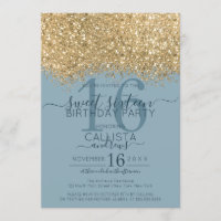 Chic Gold Dusty Blue Glitzer Confetti Sweet 16