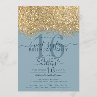 Chic Gold Dusty Blue Glitzer Confetti Sweet 16 Einladung