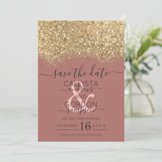 Chic Gold Dusty Rose Glitzer Confetti Wedding Save The Date (Stehend Vorderseite)