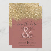 Chic Gold Dusty Rose Glitzer Confetti Wedding Save The Date (Vorne/Hinten)